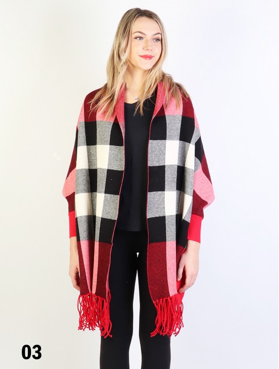 Cashmere Feeling Reversible Plaid Open-front Cape